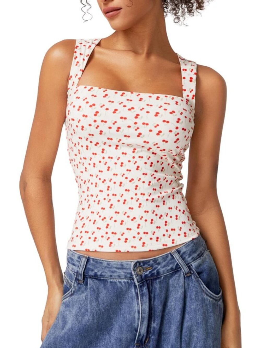 Women's Cherry Print Sleeveless Square Neck Double Layer Fitted Stretch Top!